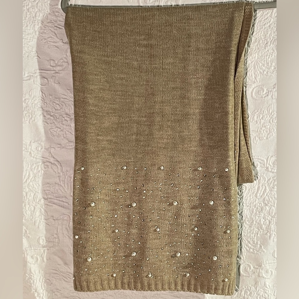 Charlie Paige Scarf Tan with Gem and Pearl Accents